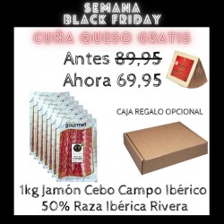 1KG Jamón de Cebo de Campo Ibérico 50% raza Ibérica Rivera Loncheado + Cuña Queso