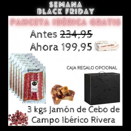 3kgs Jamón de Cebo de Campo Ibérico 50% raza Ibérica Rivera loncheado + 0,5 Kgs Panceta